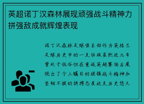 英超诺丁汉森林展现顽强战斗精神力拼强敌成就辉煌表现